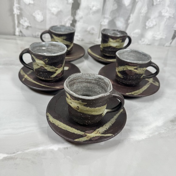 Mino Ware Japanese Pottery Coffee Cups and Saucers Set of 5 Light Green on Brown